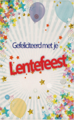 Gefeliciteerd met je Lentefeest in kleurrijke letters, omgeven door sterren, ballonnen en confetti op een lichte achtergrond.