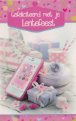 Roze en paarse feestelijke setting met een telefoon, cadeau, horloge en tekst: "Gefeliciteerd met je Lentefeest".