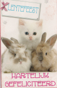 Drie schattige konijnen en een kitten, met tekst "Lentefeest" bovenaan en "Hartelijk Gefeliciteerd" onderaan in roze letters.