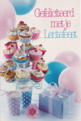 Cupcakes op etagère, roze en blauwe ballonnen, blauwe giftbox met strik, tekst: "Gefeliciteerd met je Lentefeest".