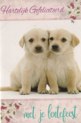 Twee schattige puppy's tegen een witte achtergrond. Tekst: "Hartelijk Gefeliciteerd met je lentefeest". Bloemen in de hoeken.