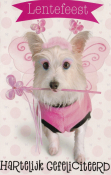 Hondje met roze vleugels en bloemenhoed, met tekst "Lentefeest" en "Hartelijk Gefeliciteerd".