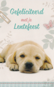 Labradorpuppy ligt op wit achtergrond met bloemen en tekst "Hoera! Gefeliciteerd met je Lentefeest" in groen en roze letters.