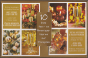 10 luxe kerst- en nieuwjaarskaarten met enveloppen. Afbeeldingen van kerstdecoraties, kaarsen en champagneglazen, met tekst in meerdere talen.