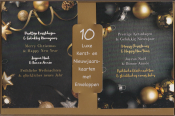 10 luxe kerst- en nieuwjaarskaarten met enveloppen, versierd met gouden en zwarte ballen en sterren. Vrolijke kerstgroeten in vier talen.