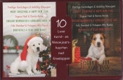 10 kerstkaarten met enveloppen: links witte pup met kerstmuts, rechts bruine pup met cadeauverpakking. Tekst "Prettige Kerstdagen & Gelukkig Nieuwjaar" in meerdere talen.