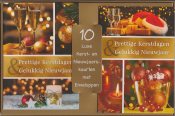 10 luxe kerst- en nieuwjaarskaarten met enveloppen, sfeervolle decoraties met kaarsen, kerstballen en champagne, tekst: Prettige Kerstdagen & Gelukkig Nieuwjaar.