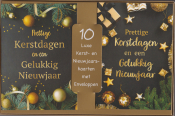 10 luxe kerst- en nieuwjaarskaarten met enveloppen. Tekst: "Prettige Kerstdagen en een Gelukkig Nieuwjaar" op zwarte achtergrond met decoraties.