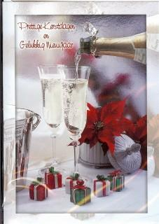 Stijlvol kerstkaartje met champagne en glazen