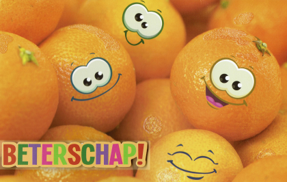 Mandarijnen met vrolijke gezichten en de tekst "Beterschap!" in kleurrijke letters.
