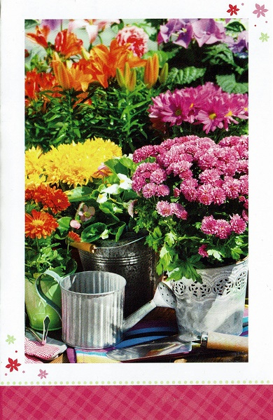 Blanco kaartje met foto van een bloemenhof
