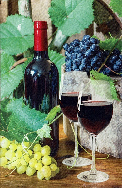 Blanco wenskaart met een fles rode wijn en druiven