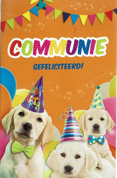 Communiekaart met feestende honden