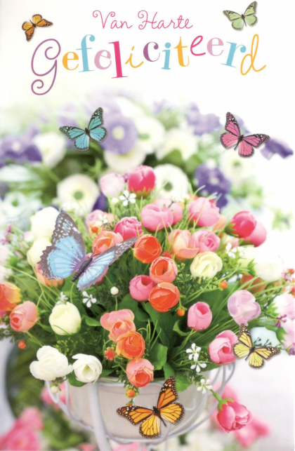 Felicitatiekaart met tulpen en vlinders
