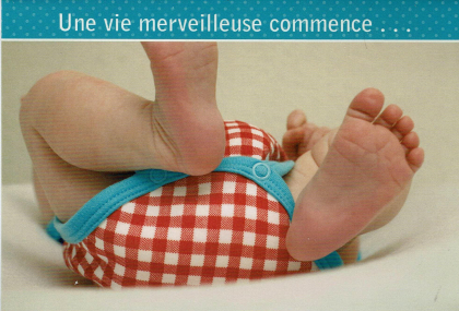 Franstalige Geboortekaart met foto van babybilletjes en tekst: Une vie merveilleuse commence...