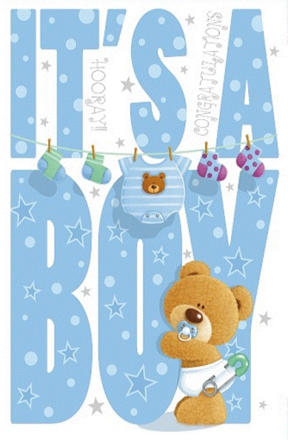 Blauwe achtergrond met sterren, tekst "It's a Boy" in grote letters. Bruine teddybeer met speen houdt een luiertje vast. Kleding aan waslijn erboven.