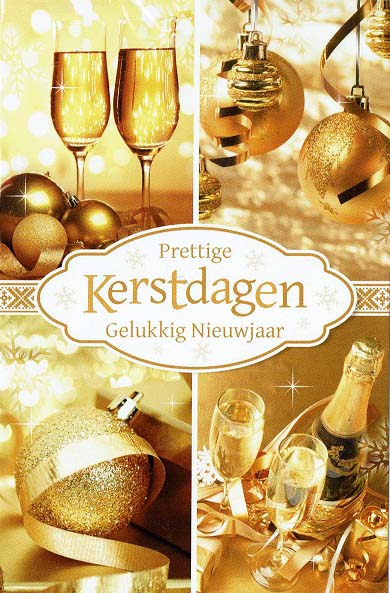 Kerstkaart met gouden decoraties, kerstballen, champagneglazen en de tekst "Prettige Kerstdagen Gelukkig Nieuwjaar" centraal geplaatst.