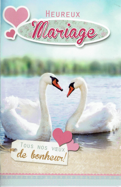 Huwelijkskaart met zwanen en Franse Gelukwensen