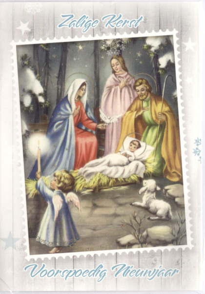 Kerstkaart met kindje Jezus en de heilige familie