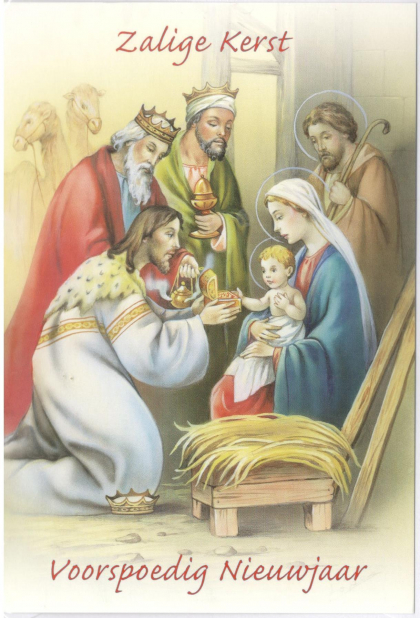 kerstkaart met Kindje Jezus, Maria, Jozef en de drie koningen