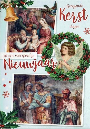 Religieuze kerstkaart met schilderijen van de geboorte van Christus, een engel, tekst "Gezegende Kerstdagen en een voorspoedig Nieuwjaar."