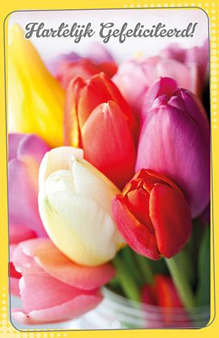 Kleurrijke felicitatiekaart met tulpen