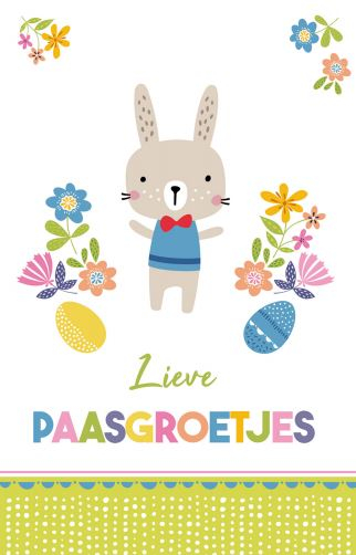 Lieve paasgroetjes wenskaart met paashaas in blauw hemd en rode strik