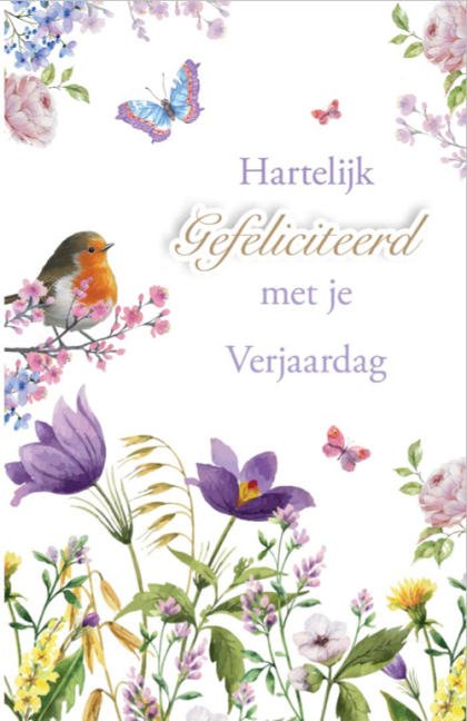 Hartelijk gefeliciteerd met je verjaardag. Illustratie met bloemen, vlinders en een roodborstje.
