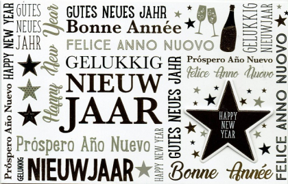 Meertalige moderne tekstkaart voor een Gelukkig Nieuwjaar.