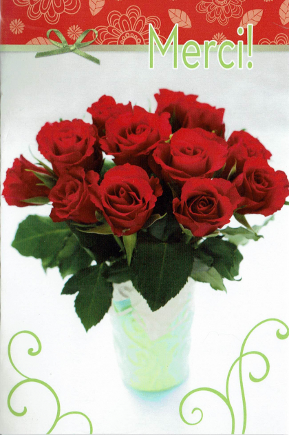 Merci kaart met vaas rode rozen.