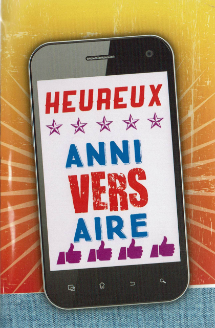 Moderne Franse Verjaardagskaart met tekst op GSM scherm.