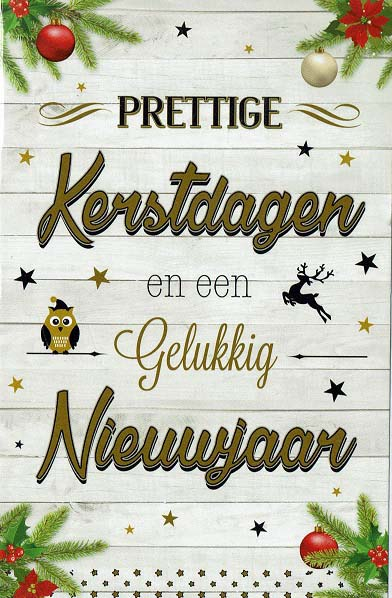 Prettige Kerstdagen en een Gelukkig Nieuwjaar op houten achtergrond met kerstballen en dennen. Decoratieve afbeelding met gestileerde tekst.
