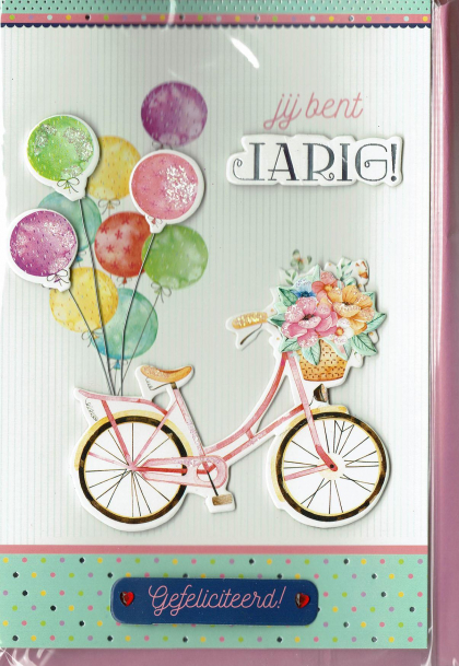 Romantische kaart met fiets en ballonnen voor de Jarige.