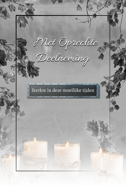 Neutrale rouwkaart in grijstinten met brandende kaarsen.