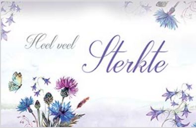 Heel veel sterkte in sierlijk schrift, omringd door kleurrijke bloemen en een vlinder.