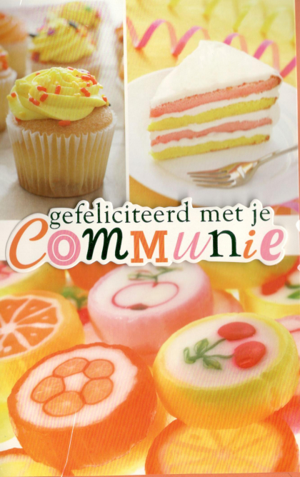 Communiekaartje met cake en snoep