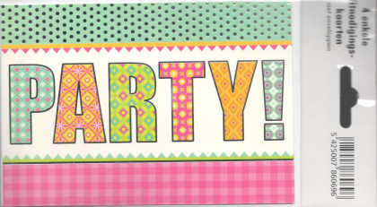 Feestkaart met kleurrijke letters "PARTY!" in patronen, tegen een achtergrond van groene en roze motieven.
