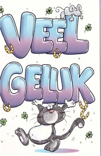 Zwart-witte kat die "VEEL GELUK" in pastelkleurige letters vasthoudt. Kleine muis bovenop, hoefijzers en klavertjes erbij.