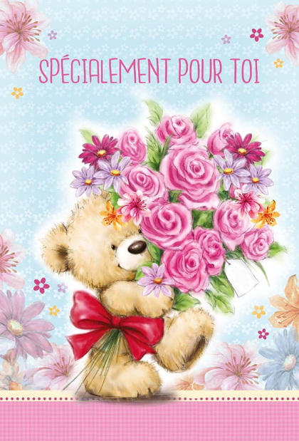Knuffelbeer met grote bos roze rozen en kleurrijke bloemen, omringd door bloemenprint. Tekst: "Spécialement pour toi" bovenaan.