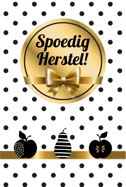 Gouden cirkel en strik met tekst "Spoedig Herstel!" op gestippelde achtergrond, appel en peer silhouetten onderaan.
