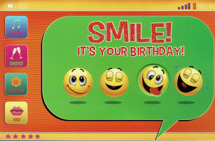 Toffe birthday kaart met emoticons.
