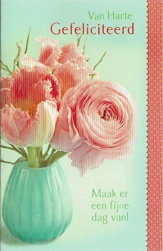 Van harte gefeliciteerd kaartje met zalm rose bloemen 