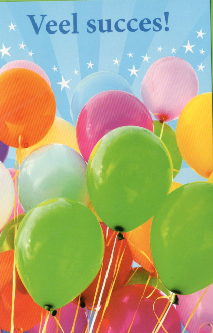 Veel gekleurde ballonnen tegen een blauwe achtergrond met sterren. Tekst boven: "Veel succes!"