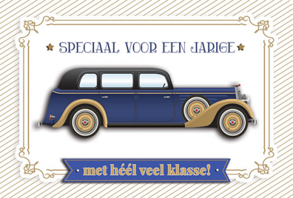 Verjaardagskaart met blauwe oldtimer.