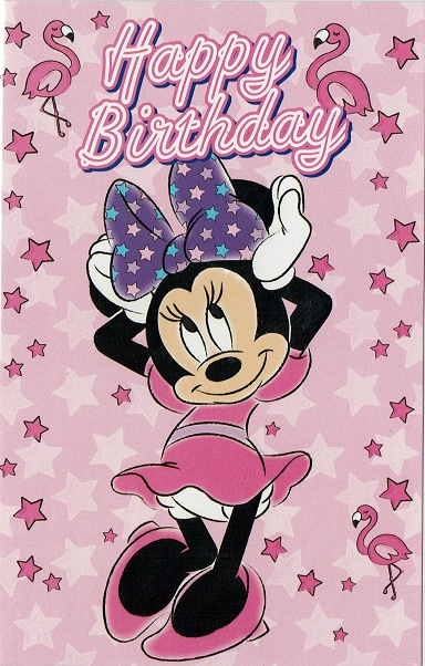 Minnie Mouse in roze jurk, met sterrenstrik, omgeven door roze sterren en flamingo's. Tekst: "Happy Birthday".