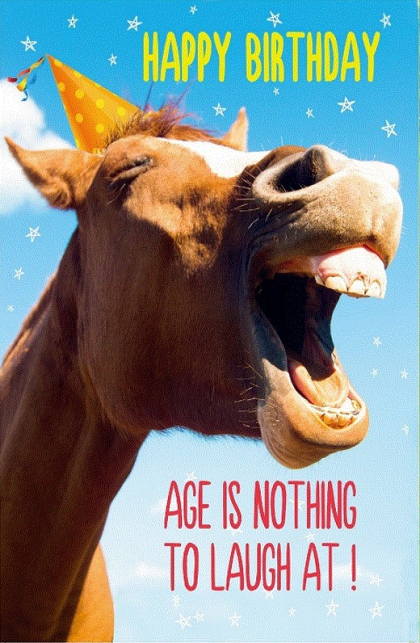 Paard met feesthoed, wijd open mond, tegen blauwe hemel. Tekst: "Happy Birthday" en "Age is nothing to laugh at!" in geel en rood.