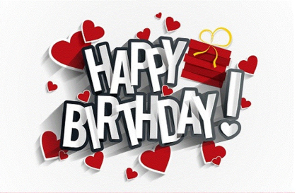 Happy Birthday! met rode harten en een cadeau met gele strik.