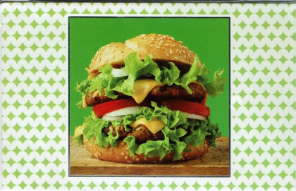 Wenskaart met foto van mega hamburger.