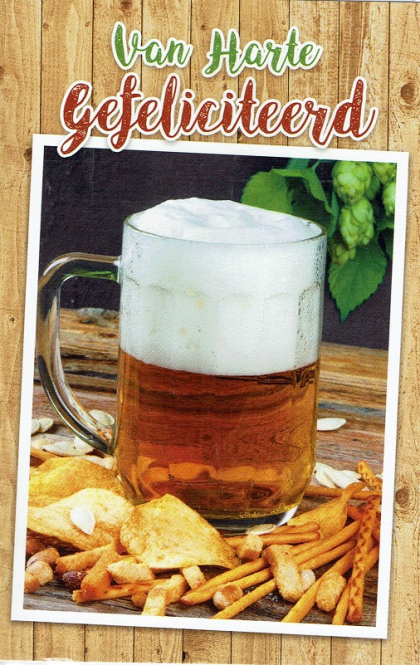 felicitatiekaart met glas bier en tekst