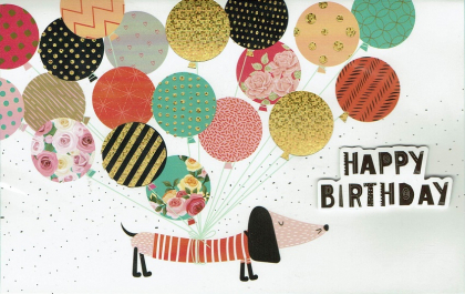 verjaardagskaart met hond en ballonnen